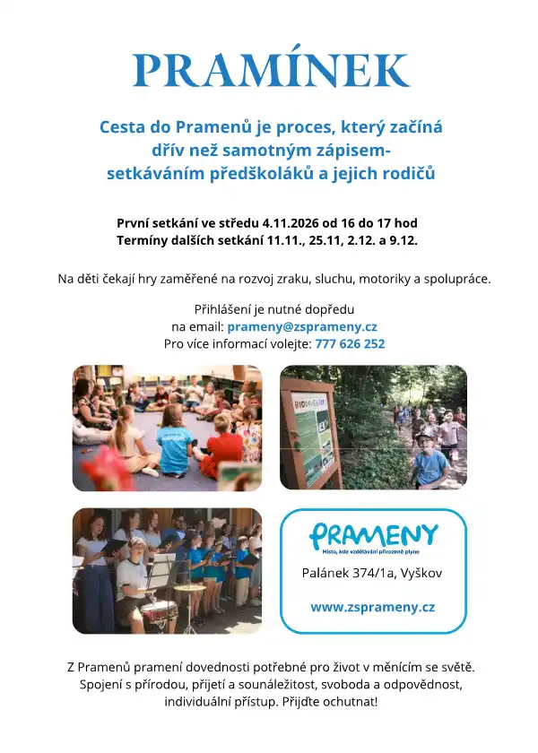 Děti v ZŠ Prameny Letáček zvoucí na setkávání předškoláků s rodiči v ZŠ Prameny